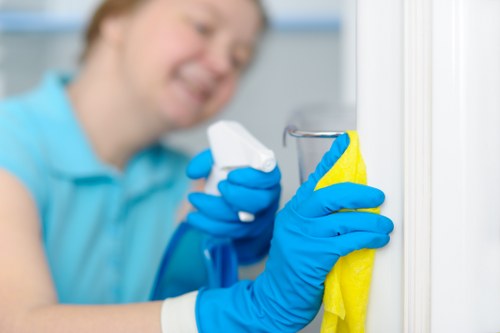 Carpet cleaning technician preparing equipment with safety focus